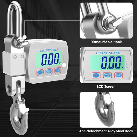 Heavy Duty Digital Crane Scale 1100 Lbs Capacity For Serious Hanging Tasks, featuring LCD screen, alloy steel hook, and tare button.