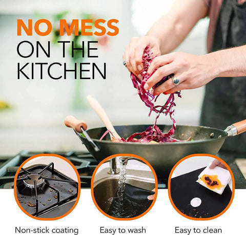 Person cooking with set of 10 gas stove burner covers nonstick reusable stovetop protectors 10.6 by 10.6 inches black double thickness