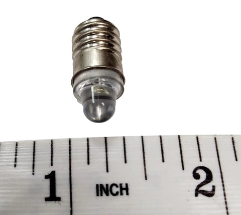 Warm White E10 Mini LED Bulbs Pack of 5 for 3 Volt Small Flashlights and Tiny Lamps with ruler for scale