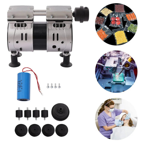 Heavy-Duty 110V Mini Diaphragm Vacuum Pump, 550W Oil-Free Lab Air Compressor with accessories and usage examples.