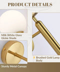 Product details of Milk Glass Globe Wall Sconce with brushed brass body and metal canopy in mid century modern gold finish