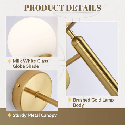 Product details of Milk Glass Globe Wall Sconce with brushed brass body and metal canopy in mid century modern gold finish