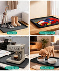 Four different silicone mats shown: shoe mat with shoes and boots, hand maker mat with toy cars, water bar mat under coffee machine, dog food mat with bowls.