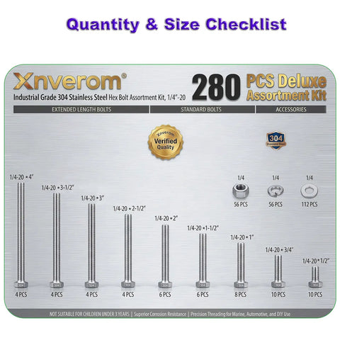Hella Solid 280 Piece 1/4 Inch 20 Thread Stainless Steel Hex Bolt And Nut Assortment Kit size checklist with bolts and washers.