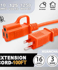 Outdoor 100 Ft Waterproof Extension Cord With 16 Gauge 3 Conductor SJTW Flexible Cold Weather 1250W 10A Heavy Duty Orange Plug