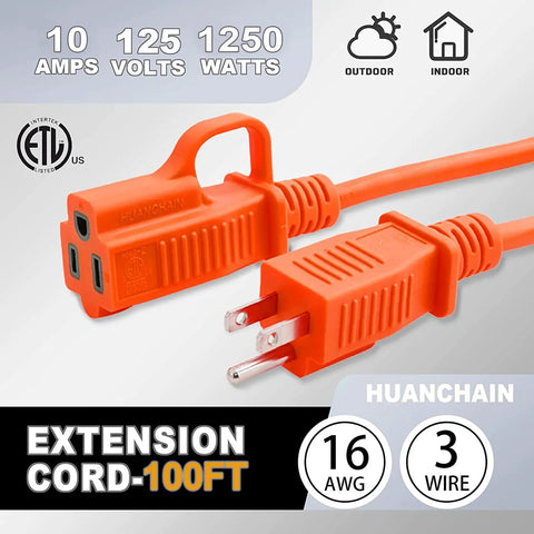 Outdoor 100 Ft Waterproof Extension Cord With 16 Gauge 3 Conductor SJTW Flexible Cold Weather 1250W 10A Heavy Duty Orange Plug