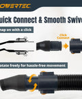 Close-up of 10 Ft Vacuum Hose Dust Collection Kit with Four Quick Change Fittings, showing quick connect feature and smooth swivel.