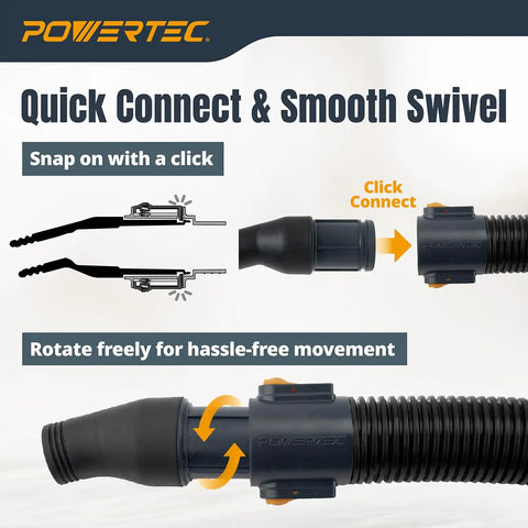 Close-up of 10 Ft Vacuum Hose Dust Collection Kit with Four Quick Change Fittings, showing quick connect feature and smooth swivel.