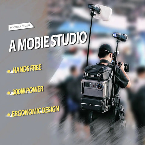 Person using Go To Travel Camera Backpack With 96Wh Portable Power Station, modular hard shell, and magic arm for filming.