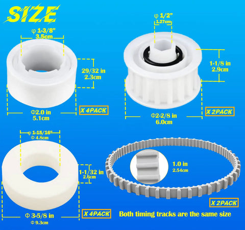 Cc Plus Economy Replacement Parts Kit showing dimensions of timing track, climbing ring, guide wheels, and pulley gears.
