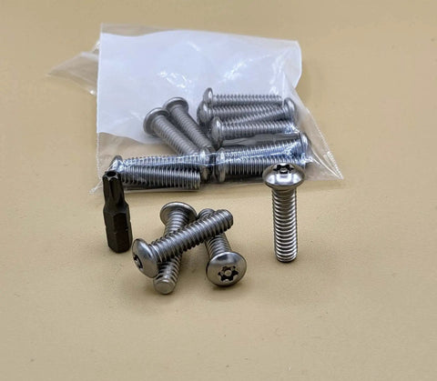 One Fourth Inch Twenty Thread By Three Quarter Inch Button Head Torx Security Machine Screws Stainless Steel Tamper Resistant Ten Pack and tool.