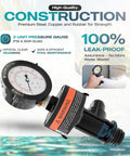 Front view of Aquatonics high-flow air-relief valve with pressure gauge and pre-installed Teflon tape.