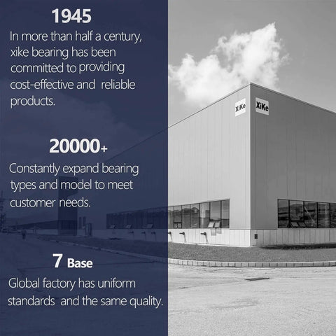 Xike bearing factory building with text highlighting commitment since 1945 and over 20,000 bearing types.