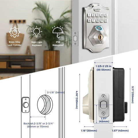 Front and side view of KS2 Fingerprint Keyless Entry Deadbolt With Keypad Smart Lock For Front Door, Satin Nickel finish.
