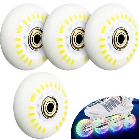 Set of four 64mm Light Up Inline Skate Wheels 90A white with yellow accents and LED lighting, suitable for indoor and outdoor use.