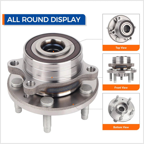 2 Pack Front And Rear Wheel Hub And Bearing Assembly 512460 Compatible With Ford Explorer 2011 To 2019 And Police Interceptor Utility 2013 To 2018 5 Lugs Non ABS High Quality Replacement with multiple views of a wheel hub.