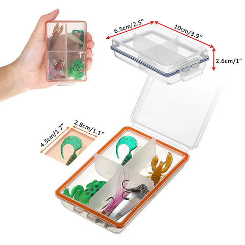 Pack Of 6 Clear Mini Fishing Tackle Boxes With 4 Compartments, Transparent Lure Storage Bins For Hooks, Beads, Sinkers, Floats, And Small Gear, Slick Portable Organizer For Anglers shown with accessories inside.