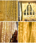 Fairy Curtain Lights 300 LED Warm White Window Curtain String Light, 9.8 ft by 9.8 ft Waterproof Indoor Outdoor, glowing indoors.