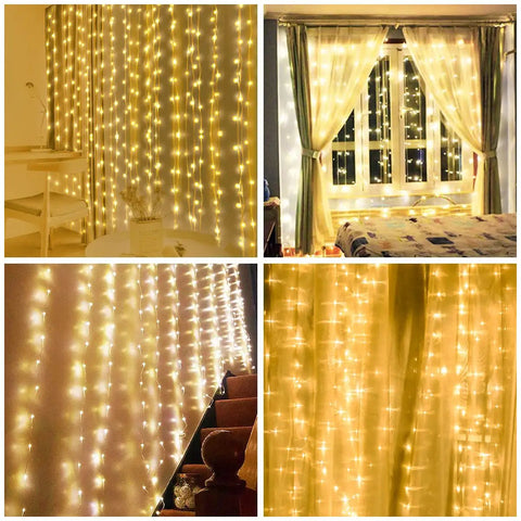 Fairy Curtain Lights 300 LED Warm White Window Curtain String Light, 9.8 ft by 9.8 ft Waterproof Indoor Outdoor, glowing indoors.
