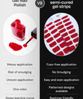 Comparison between gel nail polish and ohora semi-cured gel strips highlighting fuss-free application benefits.