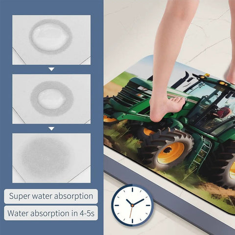 Go-To Farm Tractor Style Diatom Mud Quick Dry Bath Mat in use, showing water absorption and non-slip features