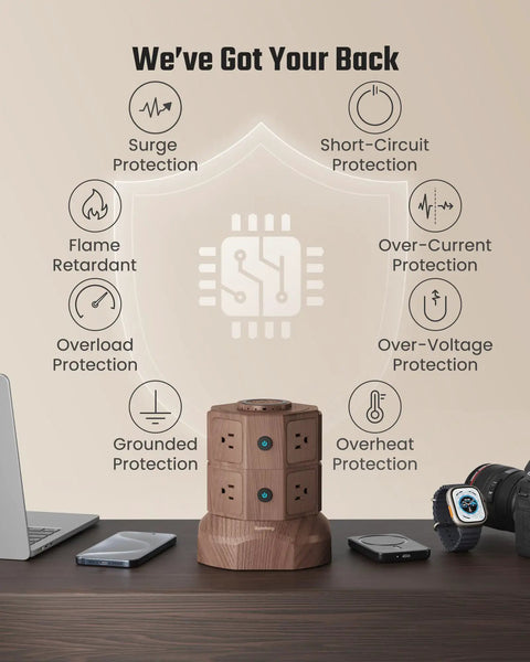 Power Strip Surge Protector Tower With 15W Wireless Charger 13A Charging Station 1050J on desk with electronic devices, protection icons.