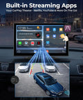 Car dashboard with a 9 inch wireless Apple CarPlay screen showing backup camera and streaming apps, Netflix, YouTube, TikTok.
