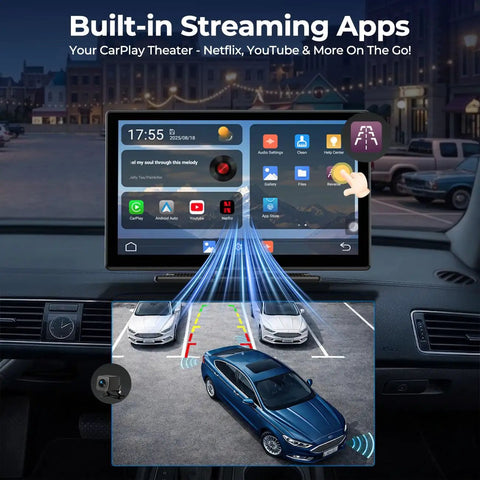 Car dashboard with a 9 inch wireless Apple CarPlay screen showing backup camera and streaming apps, Netflix, YouTube, TikTok.