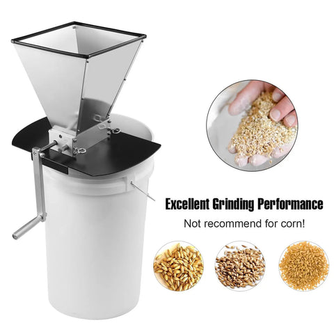Side view of 2 Roller Stainless Steel Malt Crusher For Homebrew Grain Milling With Large Hopper Heavy Duty Malt Mill
