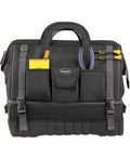 Pro Drop-Bottom Tool Bag With 15 Pockets, Waterproof Bottom, and StayPut Handles, front view with tools and notepad visible.