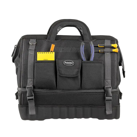 Pro Drop-Bottom Tool Bag With 15 Pockets, Waterproof Bottom, and StayPut Handles, front view with tools and notepad visible.