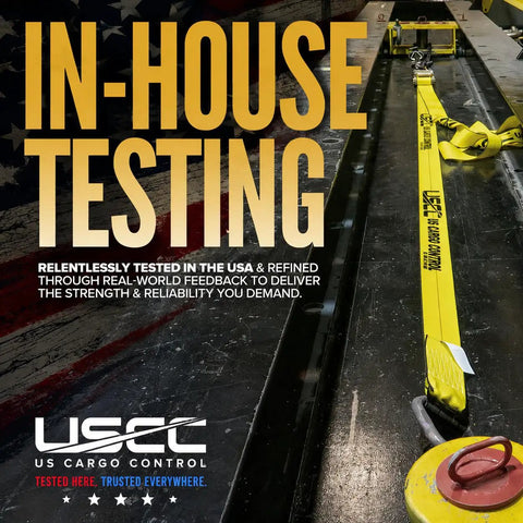 Two Pack 4 Inch Ratchet Straps 27 Foot With Flat Hooks And Built In Defenders shown during in-house testing on flatbed trailer