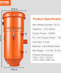 Beast 1.6 HP Dust Collector With Media Reclaimer, 1.8 Gallon Capacity, orange unit with specifications label on the side.