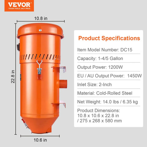 Beast 1.6 HP Dust Collector With Media Reclaimer, 1.8 Gallon Capacity, orange unit with specifications label on the side.
