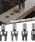 Top Shelf Carbon Steel Wood Plug Cutter Set With Taper Claw Bits And Chamfered Edge Cutters In 5/8 1/2 3/8 1/4 Inch Sizes, conical claw cork cutter set displayed on wood.