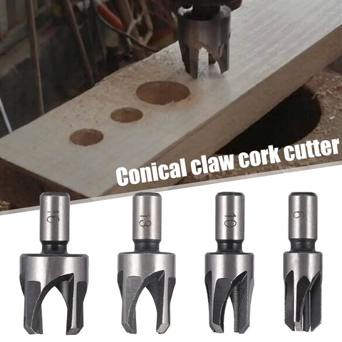Top Shelf Carbon Steel Wood Plug Cutter Set With Taper Claw Bits And Chamfered Edge Cutters In 5/8 1/2 3/8 1/4 Inch Sizes, conical claw cork cutter set displayed on wood.