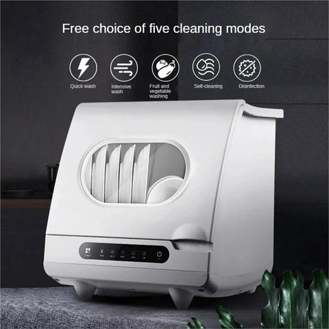 Compact Portable Countertop Dishwasher Offering No Sweat Installation And Smart Auto Wash Cycles Perfect For Small Kitchens Where Convenience Is King Plus Built In Antivirus Sterilizing Tech Keeps Dirty Plates Clean All Day Long, showcasing five cleaning modes.