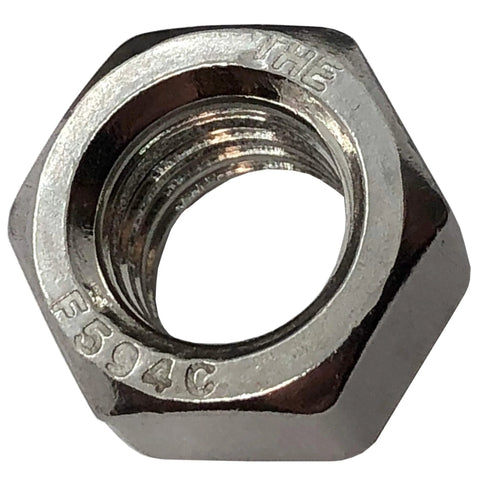 Hex nut, stainless steel, 1/4-20 thread, 304 grade, close-up view.