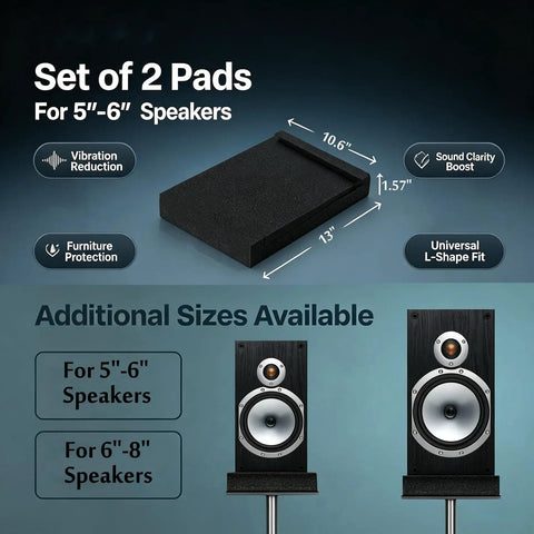 High Density Acoustic Isolation Pads 2 Pack Studio Monitor Speaker Foam sitting under 5-6 inch speakers for vibration reduction.