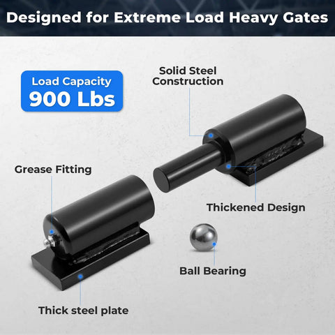 Seven Inch Weld On Barrel Hinges With Grease Zerks Built Like A Tank From Solid Carbon Steel For Heavy Duty Metal Gates And Trailer Ramps That Handle Nine Hundred Pounds And Take No Guff, showcasing load capacity and components.