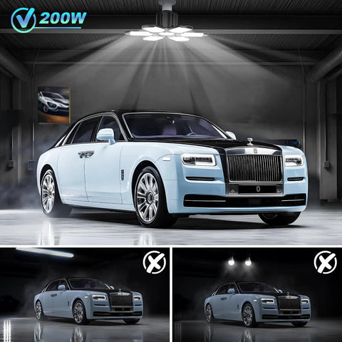 Six Pack 200W LED Garage Lights With E26 E27 Base 6500K Daylight 22000 Lumens Adjustable Ceiling Shop Lights illuminating car
