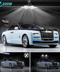 LED Garage Lights 12 Pack Black Finish For Ultra Bright Even Coverage In Your Garage Shop Or Basement Energy Efficient Durable Fixtures illuminating a luxury car in a garage.