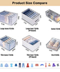 Mesh Nylon Wardrobe Drawer Organizer Set For Closet Storage size comparison with jeans, socks, and bra dividers shown