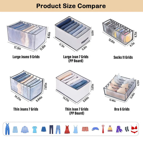 Mesh Nylon Wardrobe Drawer Organizer Set For Closet Storage size comparison with jeans, socks, and bra dividers shown