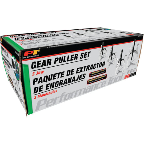 Box of Beefy Built Tough Gear Puller Set 3 Jaw 4 Piece With 3 4 6 And 8 Inch Reversible Pullers For Auto Repair