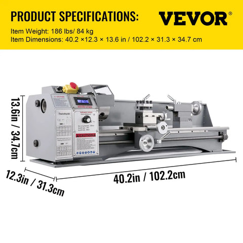 Garage Ready Mini Metal Lathe With One Point One Kw Motor And Butter Smooth Infinite Speed Dials Featuring Sharp Led Readout For Flawless Counter Face Turning And Quick Drilling Tasks, dimensions and specifications displayed.