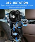 Keep Your Ride Chill With This Usb Powered Dual Head Car Fan Featuring Three Speed Settings And 360 Degree Swivel Headrest Mount For Big Airflow and Straight Up Sweet Relief On Family Trips Or Daily Commutes, showcasing the dual fan's rotation features.