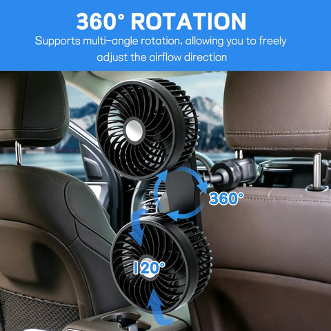 Keep Your Ride Chill With This Usb Powered Dual Head Car Fan Featuring Three Speed Settings And 360 Degree Swivel Headrest Mount For Big Airflow and Straight Up Sweet Relief On Family Trips Or Daily Commutes, showcasing the dual fan's rotation features.