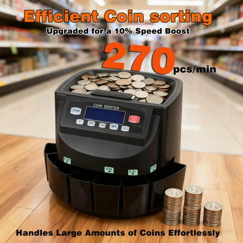 Pro Grade USD Coin Counter And Sorter counting coins in a retail aisle, displays 270 pcs/min and large bin capacity.