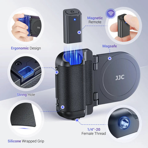 Magnetic Phone Grip Camera Handle With Wireless Shutter Remote For iPhone Android Smartphones MagSafe Compatible Bluetooth Bracket shown with features